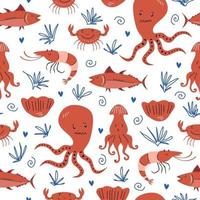 Seafood or sea animals pattern in scandinavian or childish style isolated on white background. vector