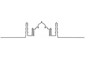 Continuous line of Taj Mahal in indi. One single line of Taj Mahal in india isolated on white background. vector