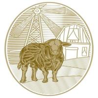 Hand drawn of buffalo or cow in front of farm. Netherlands windmill house and big cow isolated on white background vector