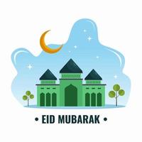 Fondo de eid mubarak con media luna y mezquita verde. Tarjeta de felicitación de eid mubarak con estilo de elemento plano aislado sobre fondo blanco. vector