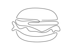 Línea única continua de hamburguesa. comida rápida hamburguesa grande en estilo de una línea aislada sobre fondo blanco. vector