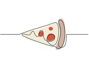 línea continua única de pieza de pizza. pedazo de pizza de comida rápida en estilo de una línea aislado sobre fondo blanco. vector