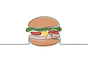 Single continuous line of Hamburger. Big burger fast food in one line style isolated on white background. vector