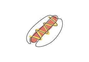 Single continuous line of a hotdog with brown sausage. Big hotdog with brown sausage in one line style isolated on white background. vector