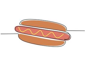 Single continuous line of a Big brown hotdog with sausage. Big brown hotdog with sausage in one line style isolated on white background. vector