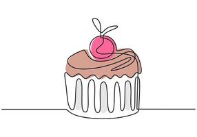 Single continuous line of cupcake with pink cherry. Cupcake with pink cherry fast food in one line style isolated on white background. vector