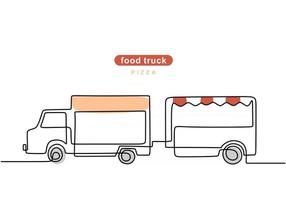 Single continuous line of pizza food truck with trailer. Pizza with trailer truck in one line style isolated on white background. vector