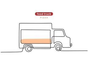 Single continuous line of pizza food truck. Pizza truck in one line style isolated on white background. vector