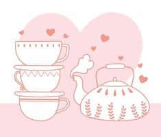 stack of cups and tea pot hot beverage, line style vector