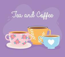 tea and coffee handwritten lettering and different cups vector