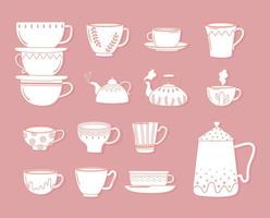 tea and coffee teapot kettles cups decorative for hot beverages, line style vector