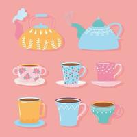 teteras de té y café, tazas, hervidores de diferentes colores vector
