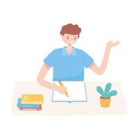 boy with pencil and textbooks reading and studying education vector