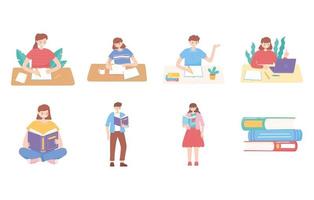 set of students holds books reading and studying education vector