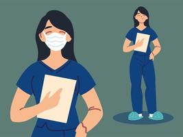 woman nurse using face mask and uniform vector