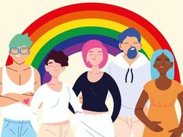 personas con fondo de arco iris, símbolo del orgullo gay vector