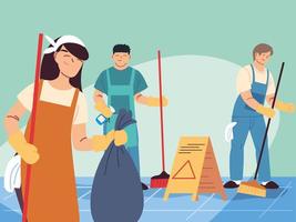 hygiene staff work as a team, janitors cleaning service vector
