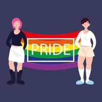 personas con bandera del orgullo lgbtq, igualdad y derechos de los homosexuales vector