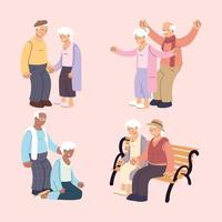 set of happy elderly couples, grandparents in different situations collection vector