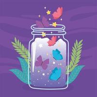 jar terrarium cute butterflies foliage vegetation cartoon purple background vector