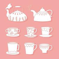 tea and coffee teapots, cups, kettles different, line style vector