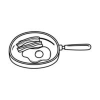 breakfast fried egg and bacon in saucepan, appetizing delicious food, icon line style vector