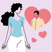 mujer en duda piensa en hombre enamorado, hombre dentro de la burbuja de pensamiento vector