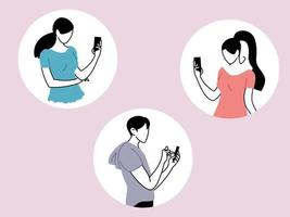 set of people using smartphone, men and women with mobiles devices vector