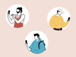 set of people using smartphone, men and women with mobiles devices vector