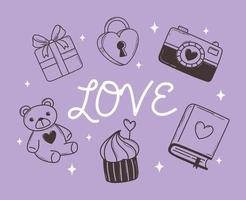 amor doodle conjunto de iconos regalo cámara oso cupcake y libro sobre fondo púrpura vector