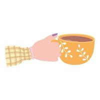 mano femenina con taza de café amarilla, bebida caliente fresca vector