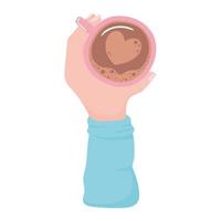 Mano femenina con taza de café con vista superior del corazón, bebida caliente fresca vector