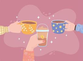 manos de personas con taza de café, bebida fresca fría y caliente vector