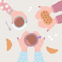 Manos femeninas con galletas de taza de café y croissant, vista superior bebida caliente fresca vector