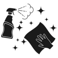 Napkin in the hand with alcohol spray. Cleaning and disinfection of premises. Disinfection of all surfaces. Sterile surface. Sanitizer. Spray. Glyph icon. Vector