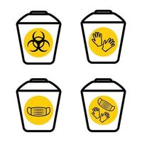 Medical mask utilization. Biohazard waste disposal. Biohazard infectious waste. Garbage sorting vector icon. Trash can with Biohazard medical gloves and mask symbol. Covid waste. Vector