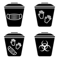 Biohazard waste disposal. Bin, with the symbol of infectious waste. Disposal of medical supplies. Garbage sorting vector icon set. Trash can with Biohazard medical gloves and mask symbol