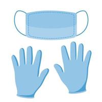 guantes y máscara protectores azules. guantes médicos de látex como símbolo de protección contra virus y bacterias. mascarillas faciales médicas o quirúrgicas. concepto de salud. respirador. vector