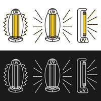 Conjunto de iconos de contorno de desinfección de luz ultravioleta. esterilización de aire y superficies con luz ultravioleta. Dispositivo para desinfección de locales. limpieza de superficies. vector