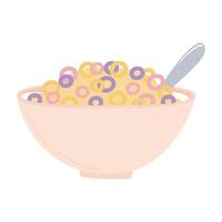 breakfast cereal in bowl with spoon, appetizing delicious food, icon flat on white background