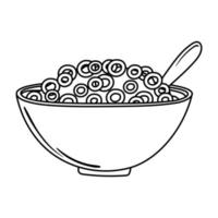 breakfast cereal in bowl with spoon, appetizing delicious food, icon line style vector