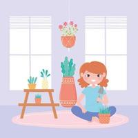 home gardening, girls with potted plants in the room vector