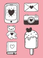 amor doodle conjunto de iconos teléfono cámara correo helado oso libro fondo rosa vector