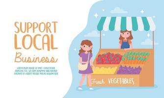 support local business, female farmer with fresh vegetables and customer vector