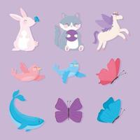 lindo conejo gato unicornio mariposas ballena aves animales dibujos animados iconos vector
