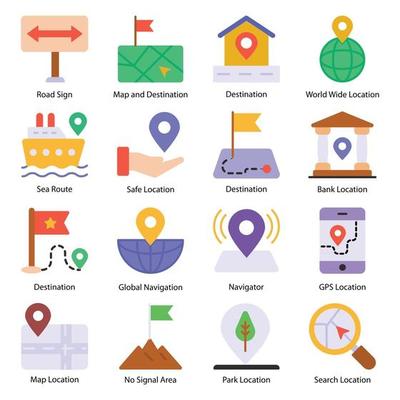 Map and Navigation flat icons set