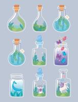 jar terrarium set with animals and floral composition decorative plants vegetation vector