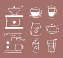 coffee manual roasting machine kettle frappe cold fresh icons line and fill vector