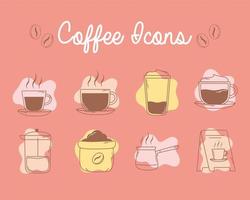 coffee french press cups and board icons line and fill vector