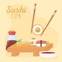 sushi time, chopstick with roll sauce soy and various rolls vector